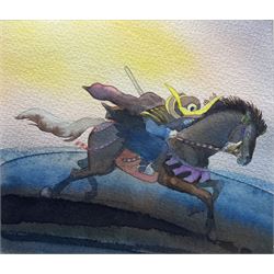 Michael Foreman OBE (British 1938-): The Third Knight, watercolour unsigned, titled on exhibition label verso 13.5cm x 15.5cm 
Provenance: exh. 'Michael Foreman: Telling Tales', Chris Beetles, April 2017, No.116; illustrated in Eric Quayle, 'The Shining Princess and other Japanese Legends', London: Anderson Press, 1989, p.19