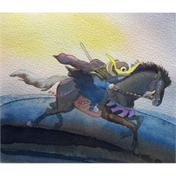 Michael Foreman OBE (British 1938-): The Third Knight, watercolour unsigned, titled on exhibition label verso 13.5cm x 15.5cm 
Provenance: exh. 'Michael Foreman: Telling Tales', Chris Beetles, April 2017, No.116; illustrated in Eric Quayle, 'The Shining Princess and other Japanese Legends', London: Anderson Press, 1989, p.19