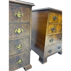 Pair of figured walnut four drawer chests, rounded bracket feet