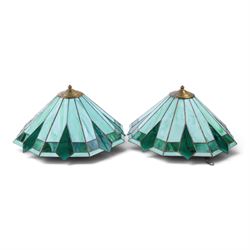 Pair of Tiffany style green stained glass shades with geomatic design, D50cm