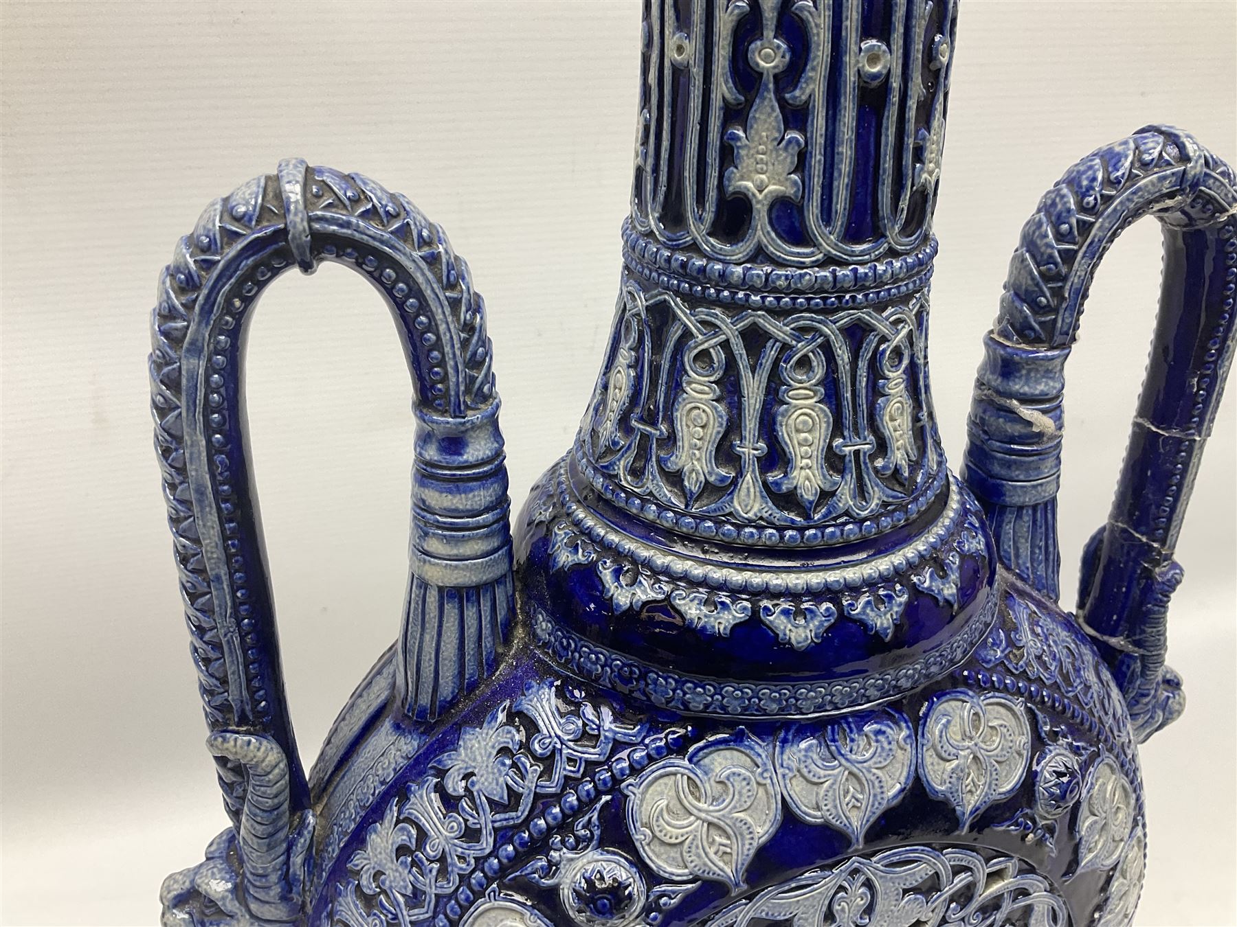 German stoneware blue glazed vase of flattened form with twin handles, H49cm (a/f)