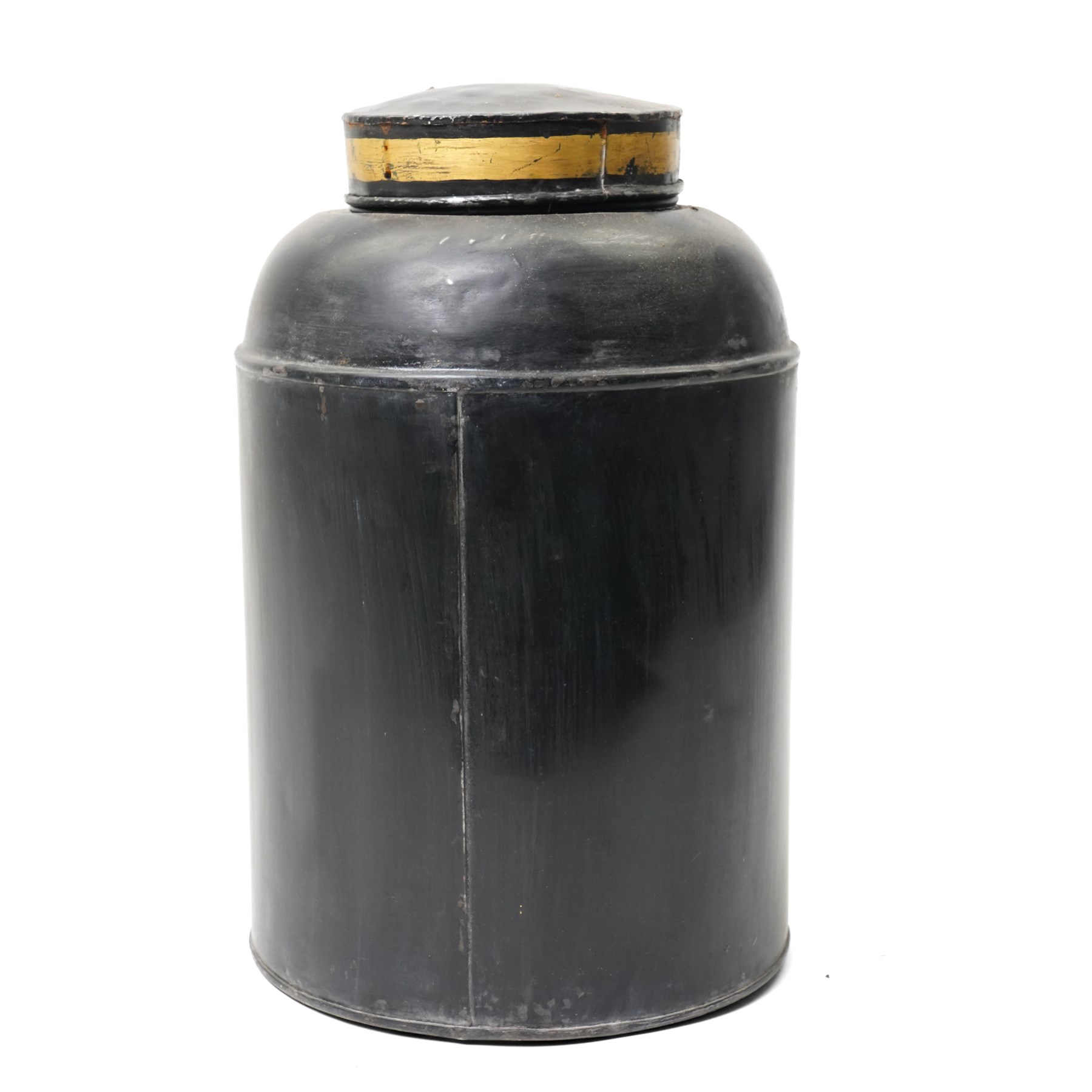 Regency period black toleware canister, painted with a scene of a castle with mother of pearl inlay, within painted gilt border, H39cm 