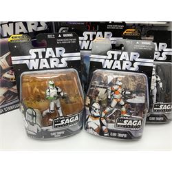 Star Wars - The Saga Collection - Mace Windu's Jedi Starfighter; boxed; and twelve carded figures comprising Biker Scout, General Grievous, At-At Driver, Clone Trooper Sergeant, various other Clone Troopers and Commander Cody, Snowtrooper and Scorch Republic Commander; all in unopened blister packs (13)