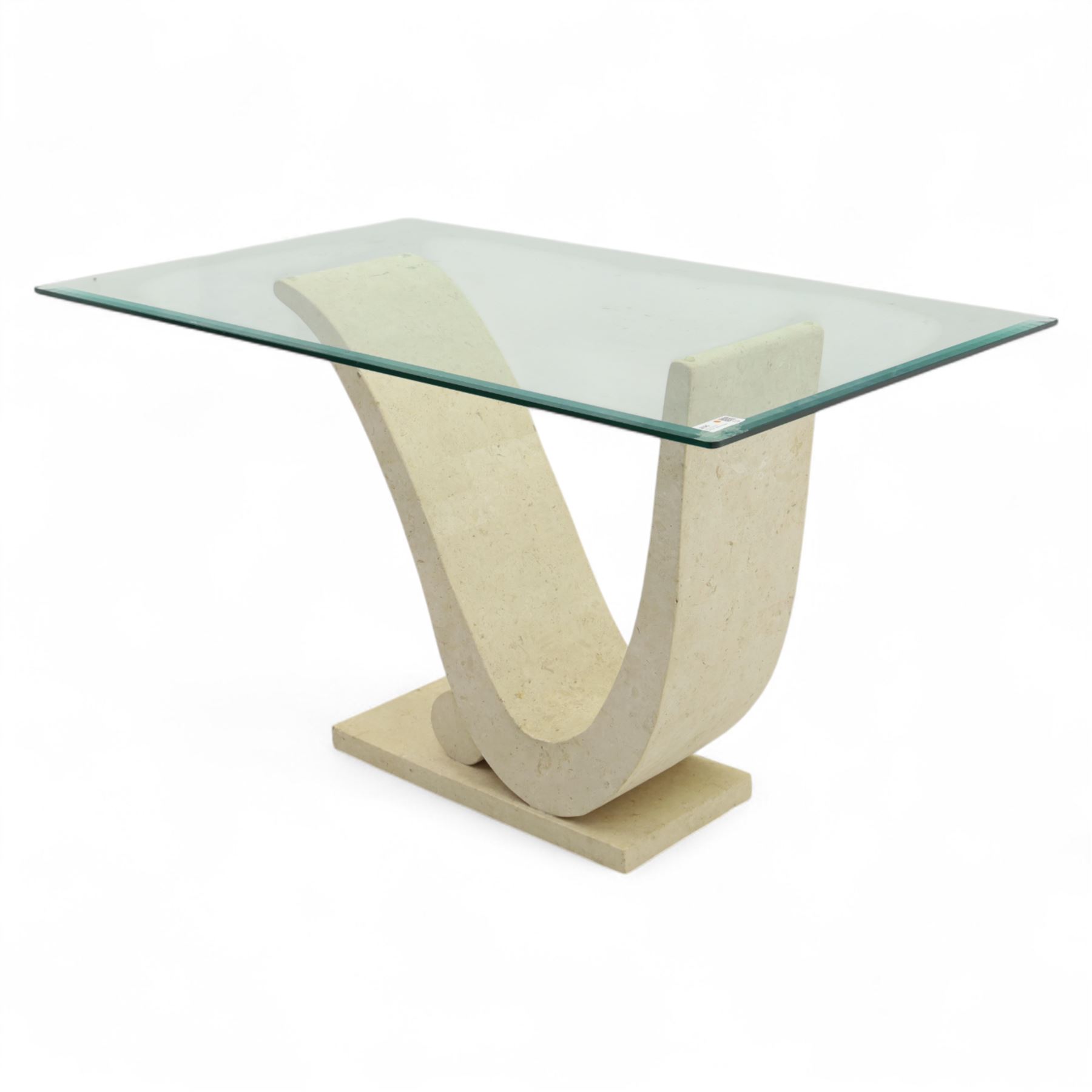 Contemporary sculptural stone-effect console table with bevelled glass top 