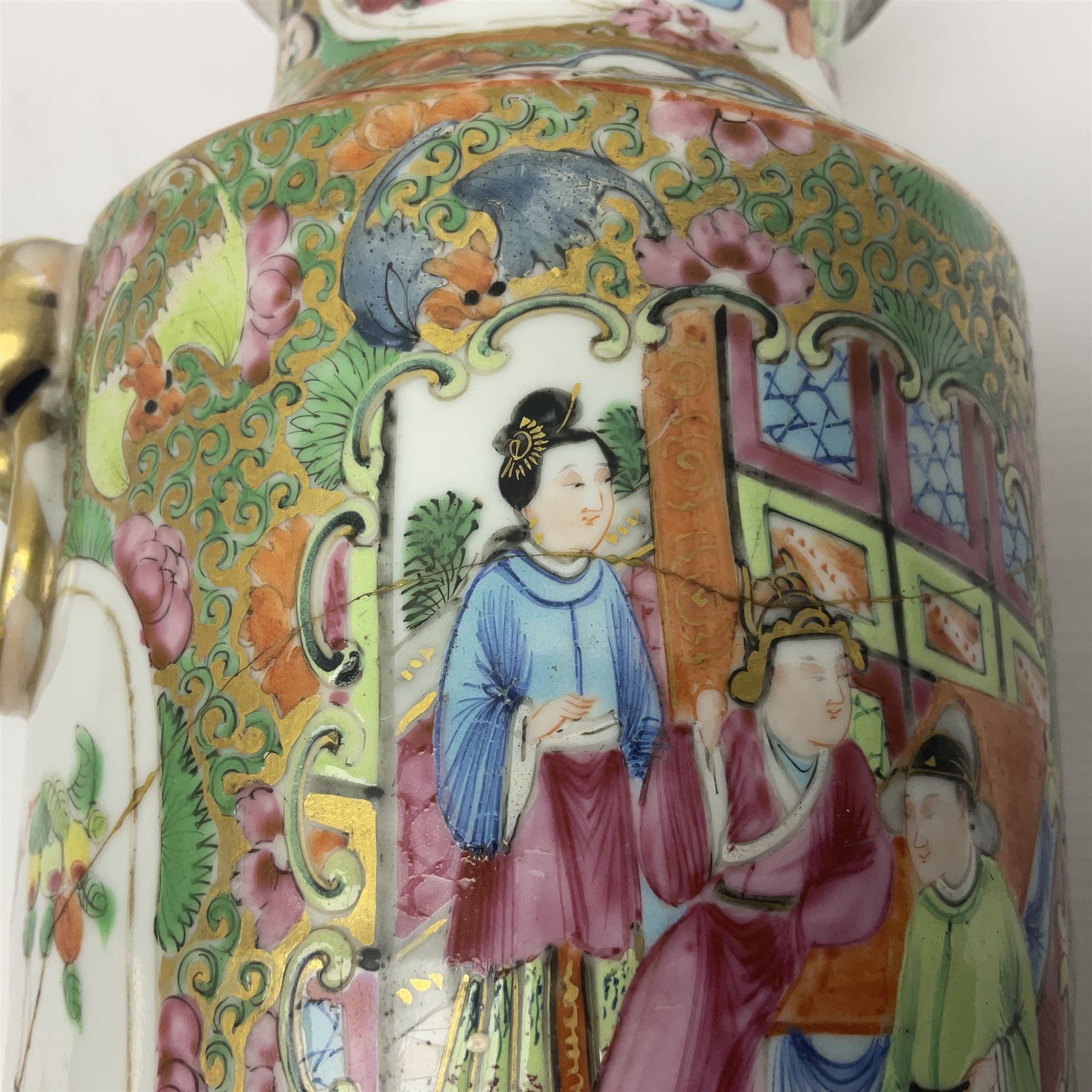 19th century Chinese Canton famille rose vase, converted to a table lamp, of shouldered cylindrical form, with twin gilt lion mask ring handles, the body decorated with four alternating panels of figural scenes and birds and insects, H31cm excluding fitting