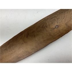 Australian Aboriginal shield, carved with Kangaroo and Emu, 74.5cm; Spear painted with aquatic creatures 78cm, and Spear thrower 81cm (3)