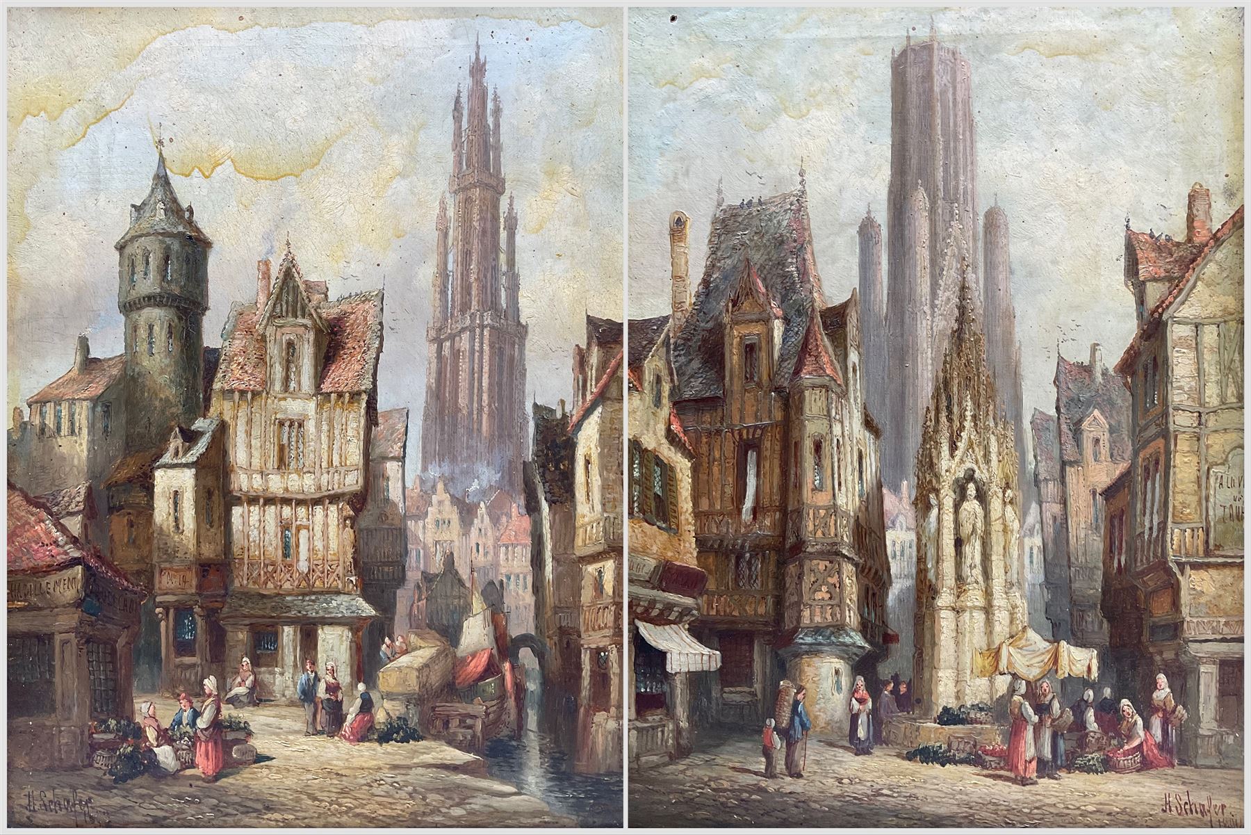 Henry Thomas Schafer (British 1854-1915): Antwerp Town Scenes, pair oils on canvas signed and dated 1890, 39cm x 30cm (2)