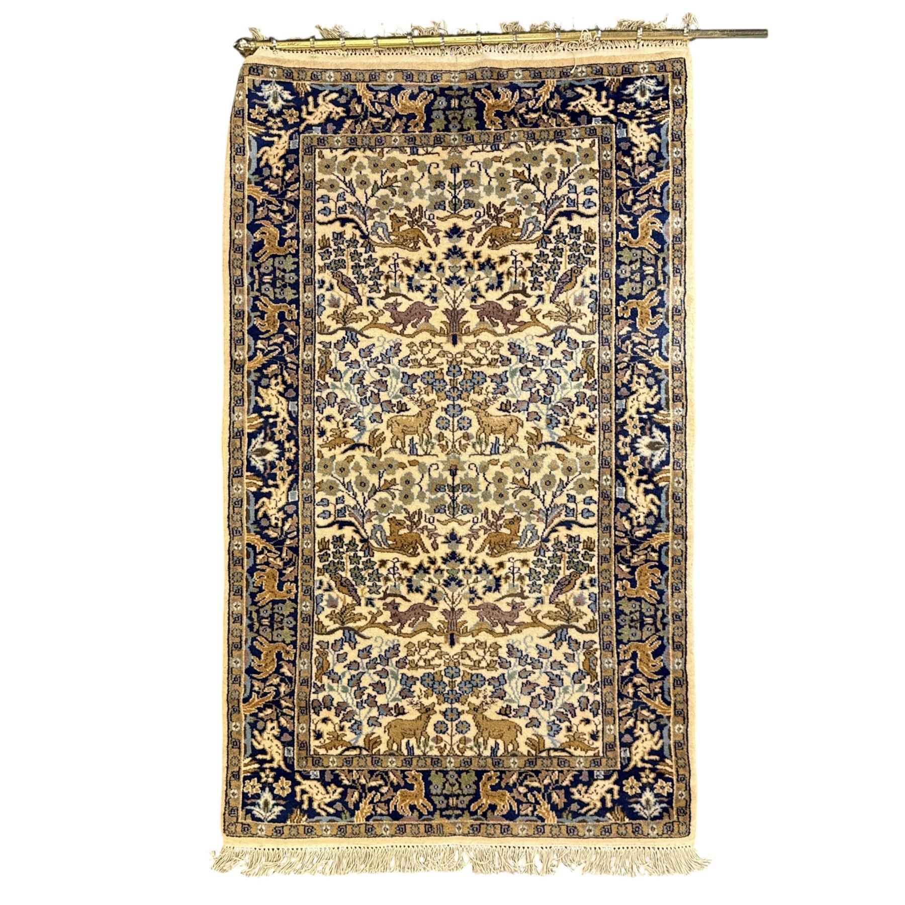 Bokhara rug, earthy ground, with repeating gul motifs, Persian pictorial rug on ivory ground with a densely patterned tree-of-life motif and symmetrically arranged deer, birds, and  other wildlife, 182x149cm & 152x90cm, (2)