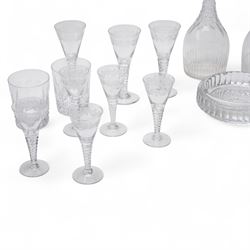 *Set of six Stuart crystal wine glasses with leaf etched decoration and cut tapering stems, nine smaller matching glasses, pair of Waterford Colleen tumblers, pair of smaller tumblers, pair of glass decanters and two glass ashtraysFrom the Kirkham Hall Attic & Cellar Collection, sold without reserve