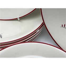 Crown Devon Stockholm patterned tea and dinner wares, to include, five teacups and saucers, milk jug, open sucrier, six dessert plates, six side plates, six dinner plates, serving platter, etc (42)