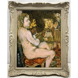 Raymond Arthur Roadnight (British 1941-): 'Julia', oil on board titled in the artist's hand 44cm x 34cm 
Provenance: the artist's studio collection. Born in High Wycombe, Roadnight spent three years training under Patrick Reyntiens and John Piper creating stained glass windows for Liverpool and Coventry cathedrals. These works included the great baptistry window in the New Coventry Cathedral, the 'Lantern' atop the Catholic Cathedral in Liverpool, and the grand windows in Oundle School Chapel. He has exhited at Royal Academy, Alfred East Gallery, Chichele College in Higham Ferriers, and Burleighfield House in Loudwater.