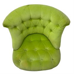 Hardwood framed bedroom chair, curved back upholstered in lime green buttoned fabric, on cabriole front feet 