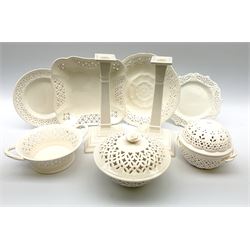 Collection of Harley Greens & co Leeds pottery creamware, including two candle sticks H14.5cm, two twin handled bowls, three plates, square tray and lidded bowl. 