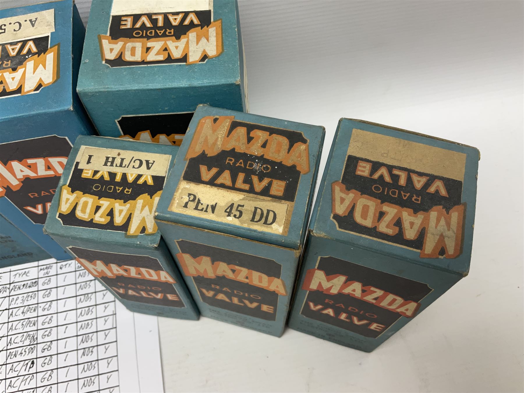 Eleven Mazda thermionic radio valves/vacuum tubes, including A.C.4/PEN, AC/TP, PEN 45 DD, all boxed  