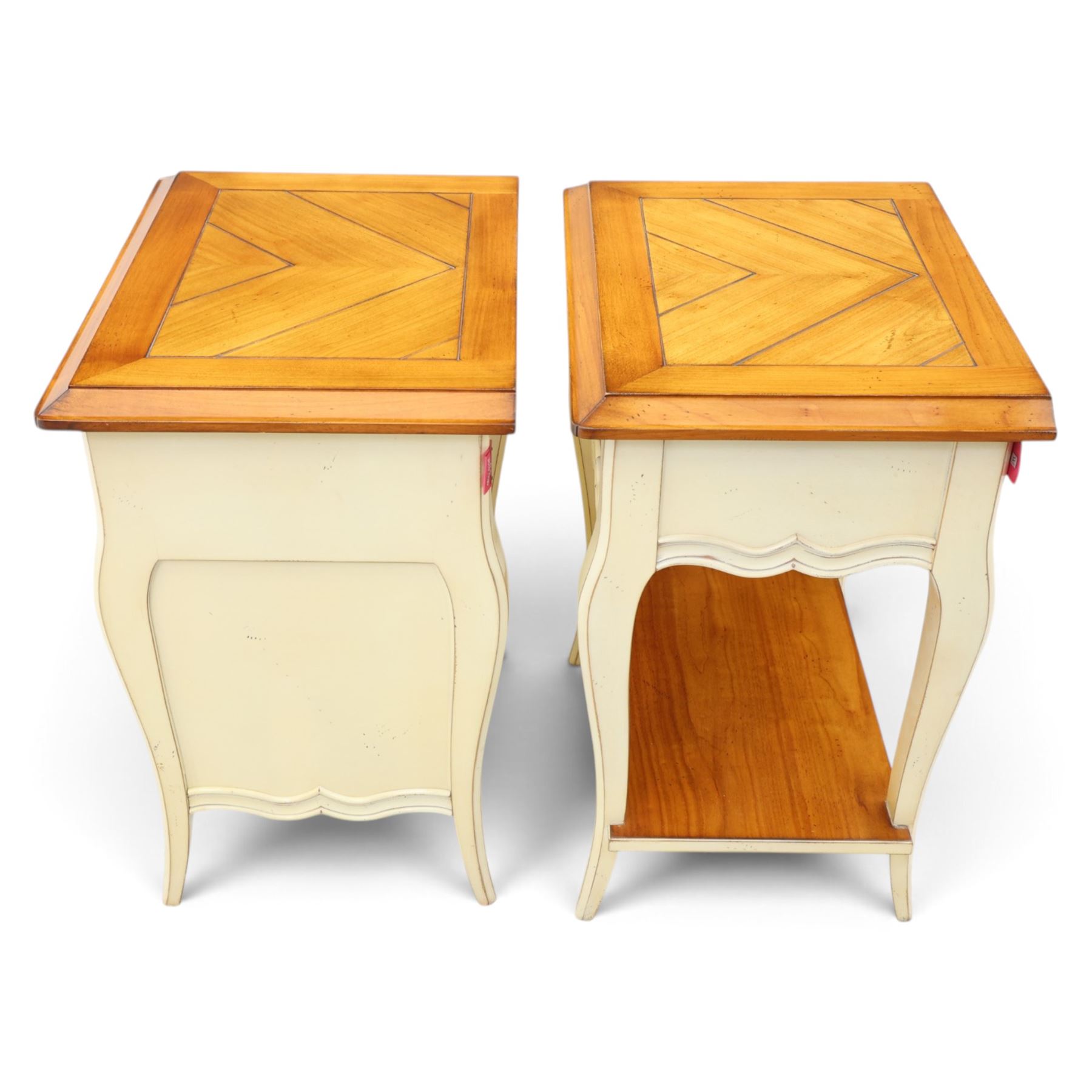 AM Classic - Louis XV design cherrywood bedside chests, one with three drawers and one with one drawer and full length undertier, shaped white supports