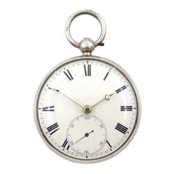 William IV silver open face English lever fusee pocket watch, engraved balance cock decorated with a mask and diamond endstone, white enamel dial with Roman numerals and Breguet style hands, case by William Harris, London 1832