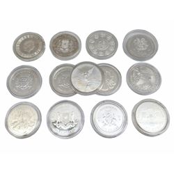 Thirteen one ounce fine silver World coins, including Queen Elizabeth II Cayman Islands 2017 'Marlin' one dollar, Somali Republic 2018 'Elephant' one-hundred shillings, Barbados 2019 'Lionfish' one dollar etc