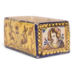 19th century Spanish faience pot of rectangular form with polychrome tin glaze decorated d...