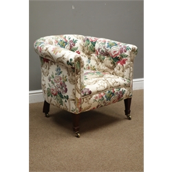  Victorian rosewood framed tub shaped armchair upholstered in buttoned Sanderson fabric, on square tapering supports with spade feet, W75cm, H68cm  