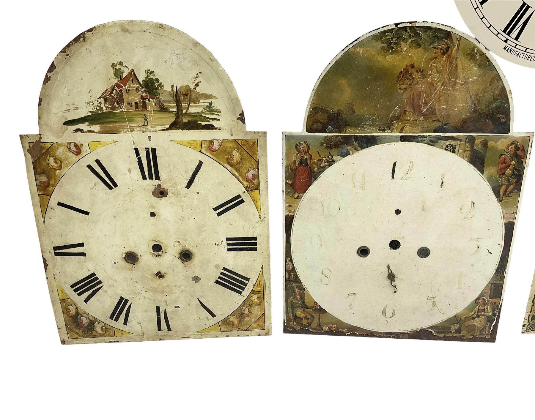 Four 13” painted 19th-century break arch longcase clock dials with one circular 12” American wall clock dial, plus two 11” and one 10” 18th-century brass longcase dials.