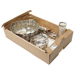 Two glass vases with silver rims, assorted plated cutlery, bowl, sauce boat etc