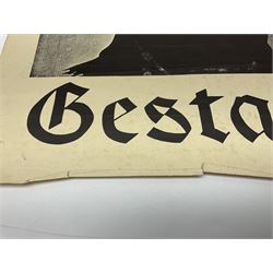 German monochrome 'Gestapo' poster, probably post-WW2, depicting the head of a grim faced Gestapo officer in uniform 55 x 42cm; unframed