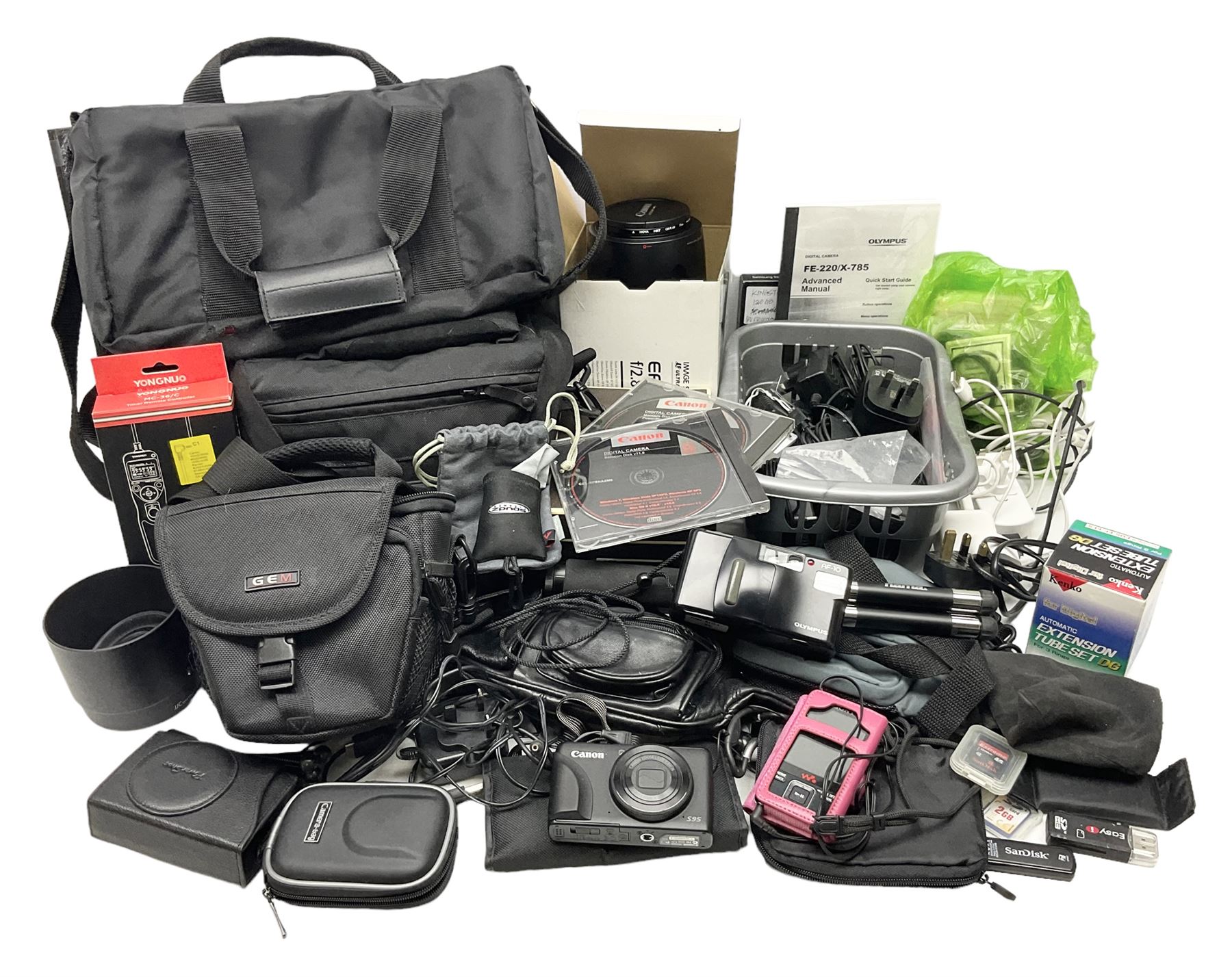 Quantity of camera accessories and equipment, to include boxed Canon EFS 17-55mm IS lens, Canon 59s camera, Olympus camera, etc