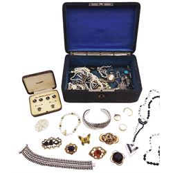 Collection of Victorian and later costume jewellery including pearl necklaces, silver fancy link bracelet, silver-gilt Albertina style bracelet, two belcher link necklaces, five paste brooches, banded agate stick pin etc, in a silk lined jewellery box 