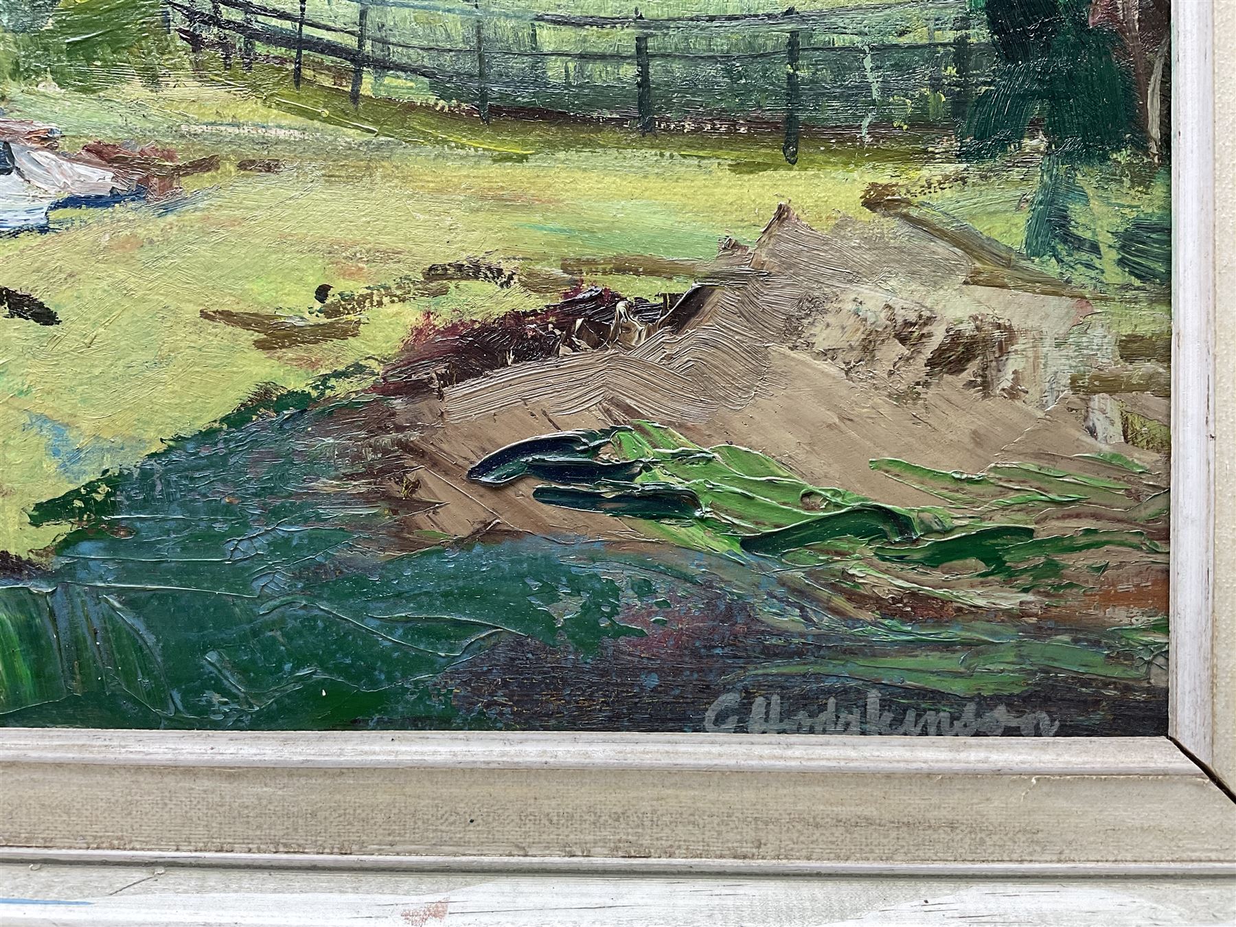 George Hodgkinson (British 1914-1997): 'Cheetham Park Stalybridge', oil on board signed 37cm x 48cm
Notes: Hodgkinson was a representational artist and draughtsman, member of the Manchester Academy of Fine Arts and Stockport Artists Guild. A prolific artist continuing to paint until his death, despite dementia, he left 800 works. There was a retrospective exhibition at the Astley Cheetham Art Gallery in 1998