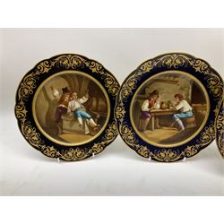 Set of six Sevres style cabinet plates, each with printed and heightened genre scene to centre, within a gros bleu border with gilt detail, each with spurious Sevres marks beneath, D24cm