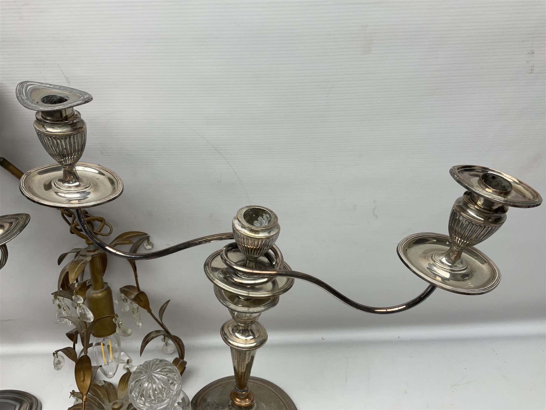 Two silver plate candelabras, together with two glass decanters, necklace and other collectables 