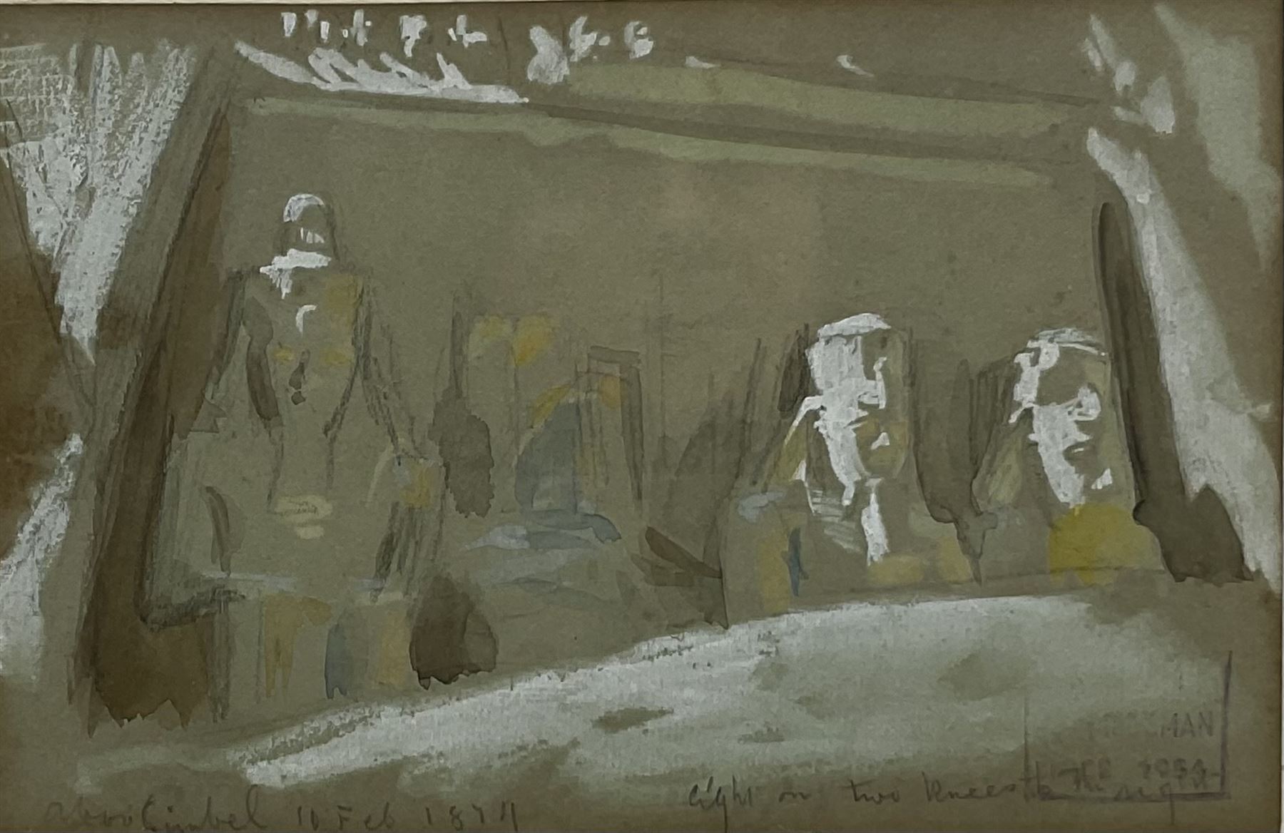 Frederick Arthur Bridgman (USA 1847-1928): 'Four Colossal Statues of Ramesses II', graphite and watercolour heightened in white annotated and dated 10th Feb.1874 authenticated with 1954 studio stamp 9.5cm x 15cm
Provenance: with Agnew's, Old Bond St., London, Stock No. DB5678, label verso