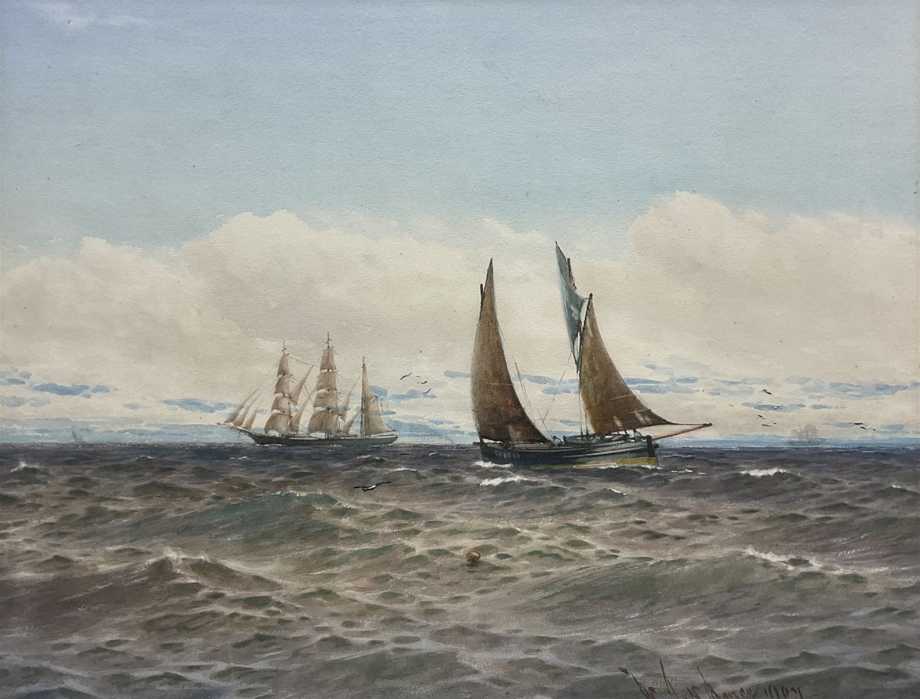 William Thomas Nichols Boyce (British 1858-1911): Tall Ship and Yawl off the Coast, watercolour signed and dated 1907, 32cm x 42cm