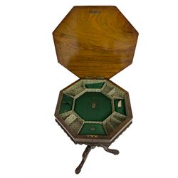 Victorian walnut hexagonal sewing table, inlaid with foliate scrolls, the hinged lid revealing fitted interior, on acathus carved splayed supports