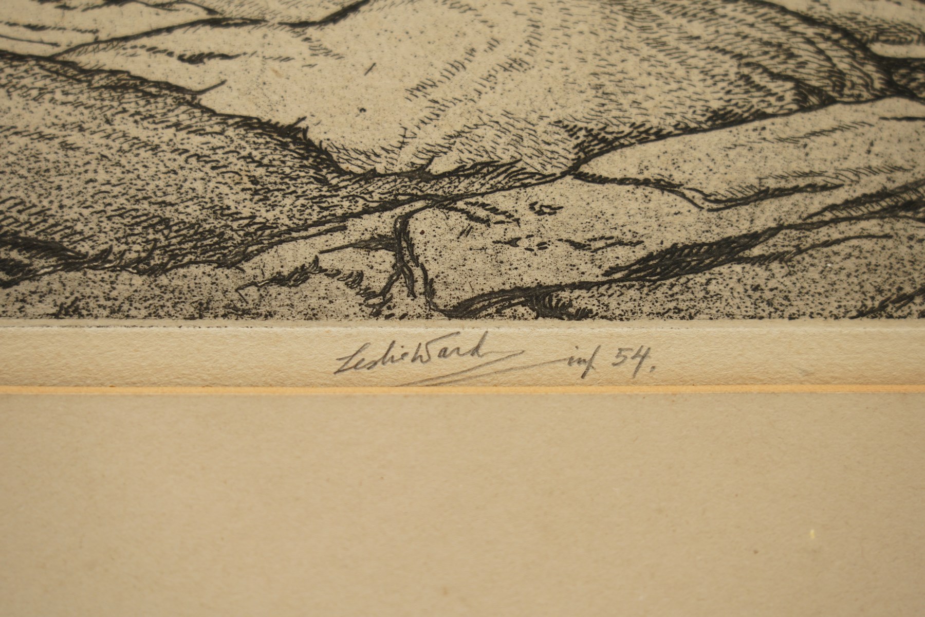 Philip Leslie Moffat Ward (British 1888-1978): 'The Langdales from Tarn Hows', monochrome etching signed titled and dated '54 in pencil 27.5cm x 35cm
