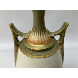 Early 20th century Royal Worcester vase decorated by Harry Davis, of ovoid form with twin acanthus mounted handles and waisted high neck supporting a domed cover, upon a circular foot, the body hand painted with sheep in a highland landscape, signed H Davis, with puce printed marks beneath including shape number 2425, and date code for 1907, H27.5cm