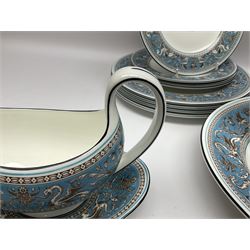 20th century Wedgwood dinner service for eight place settings, decorated in the Turquoise Florentine pattern, comprising dinner plates, salad plates, dessert plates, twin handled soup bowls and saucers, bowls, sauce boat and stand, teapot and two oval platters, with black printed marks beneath