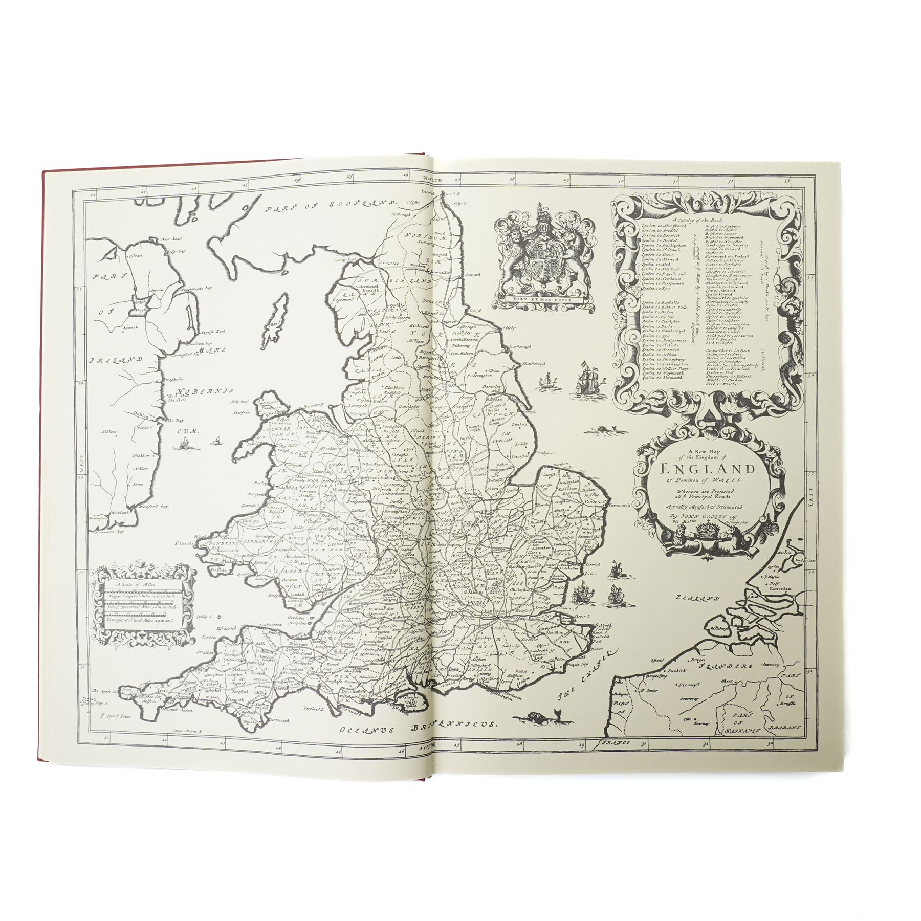 John Ogilby (British 1600-1676): 'Ogilby’s Road Maps of England and Wales 1675', modern facsimile edition of Britannia pub. by Osprey Publications Ltd., Reading, 1971, printed in the Netherlands by Miedema & Co., large folio red cloth gilt containing full reproductions of Ogilby’s strip road maps and title pages