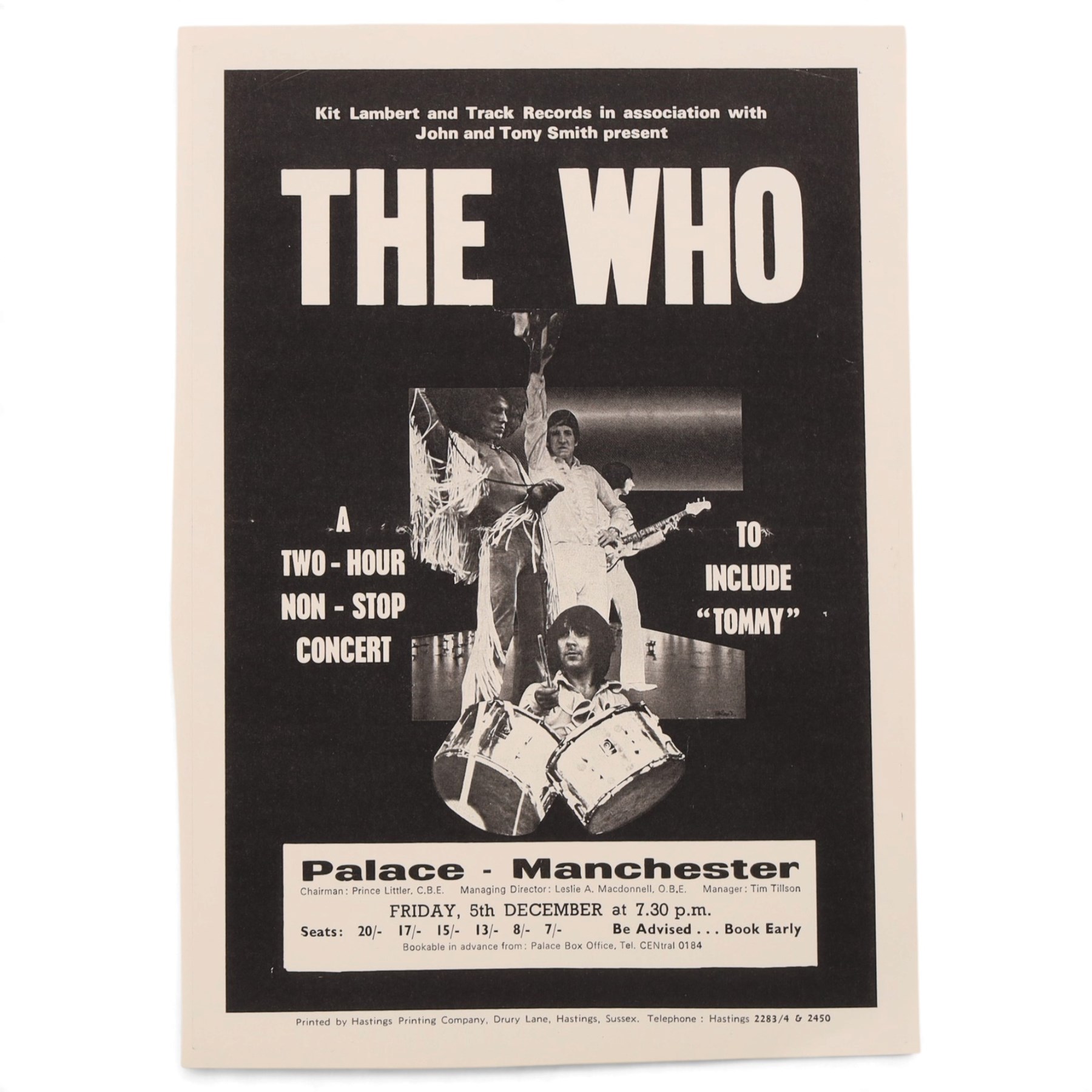 The Who ephemera, comprising Maximum R&B Tuesdays at the Marquee Live at Leeds album poster, two flyers for concerts in Manchester and Leeds and a 1975 tour programme