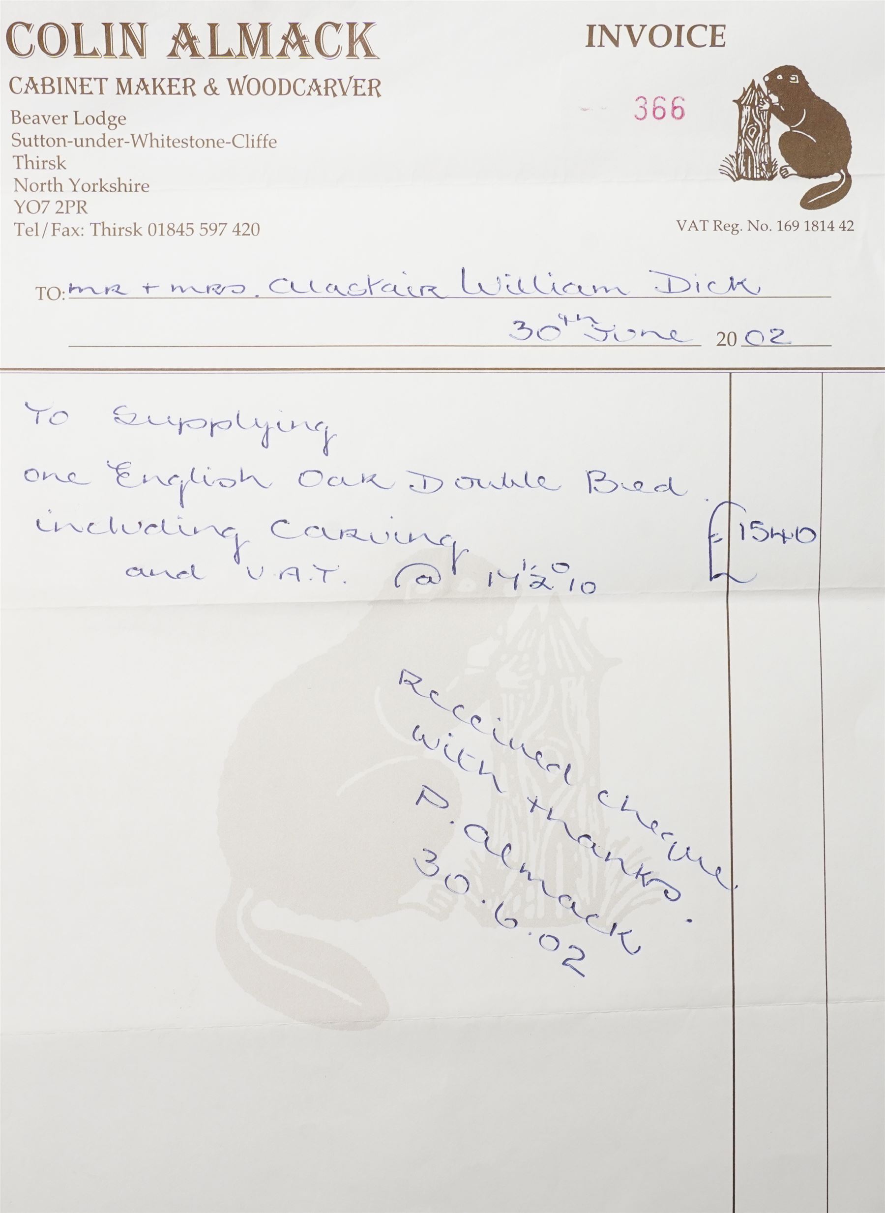 Beaverman - Yorkshire oak 5' double bedstead, panelled headboard and footboard with carved chip and adzed decoration, square corner posts and slatted base by Colin Almack of Sutton near Thirsk