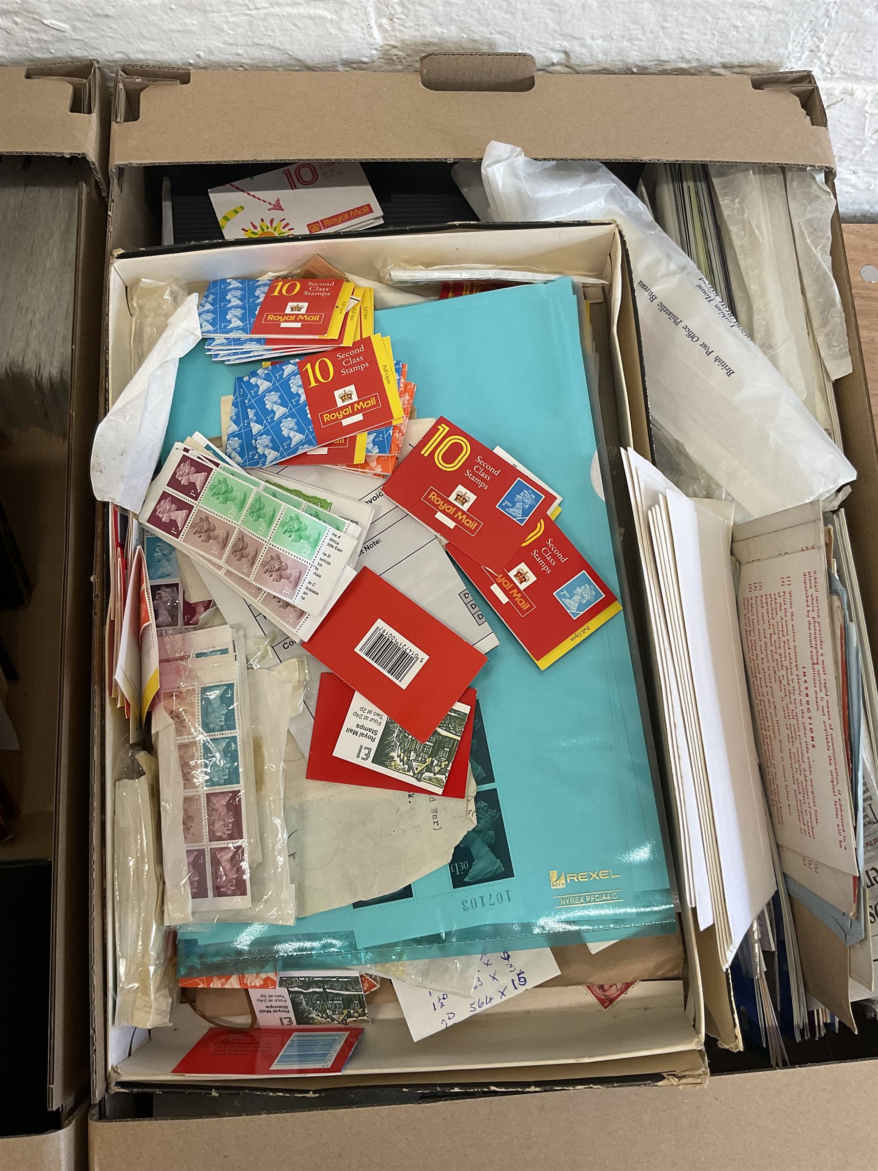 Great British and World stamps, including Queen Elizabeth II mint decimal, greetings booklets, South Africa, United States of America, first day covers, etc, in three boxes