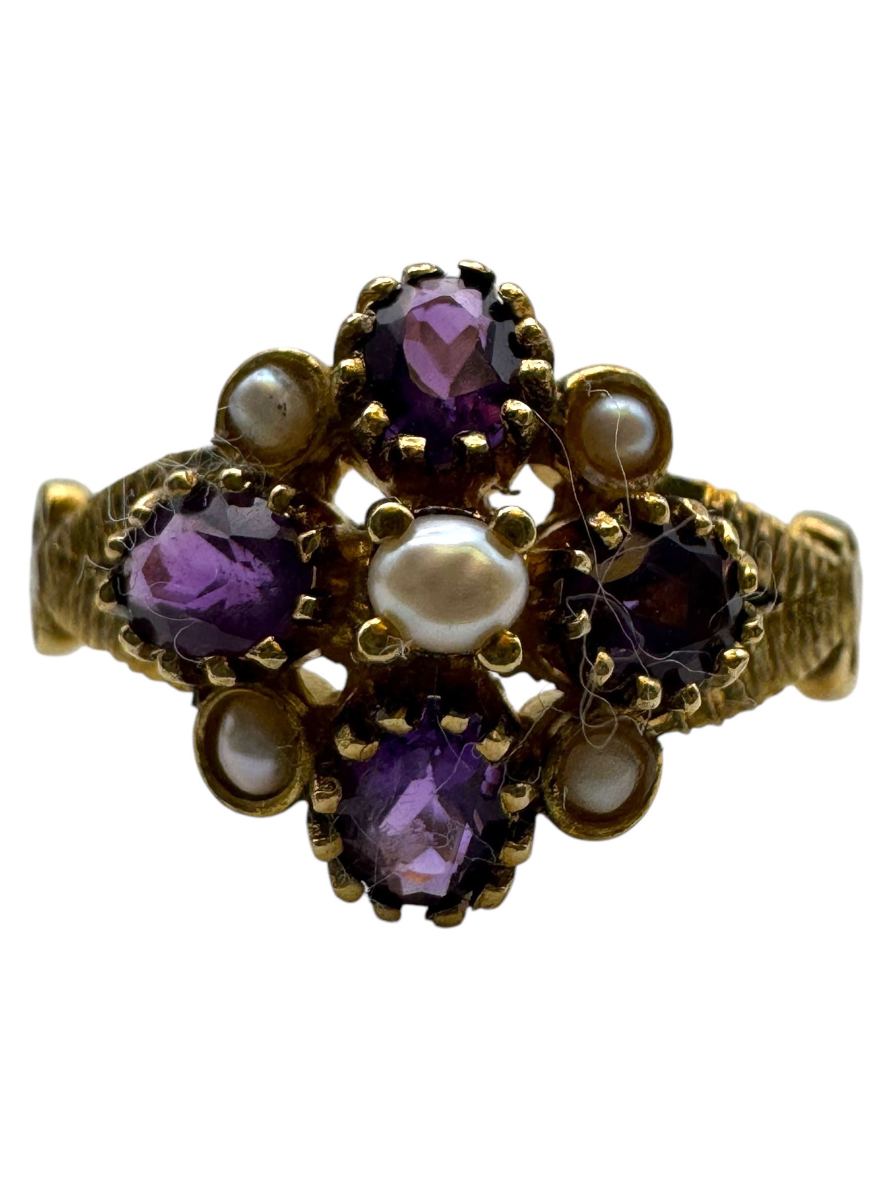 9ct gold amethyst and pearl flower ring, boxed 