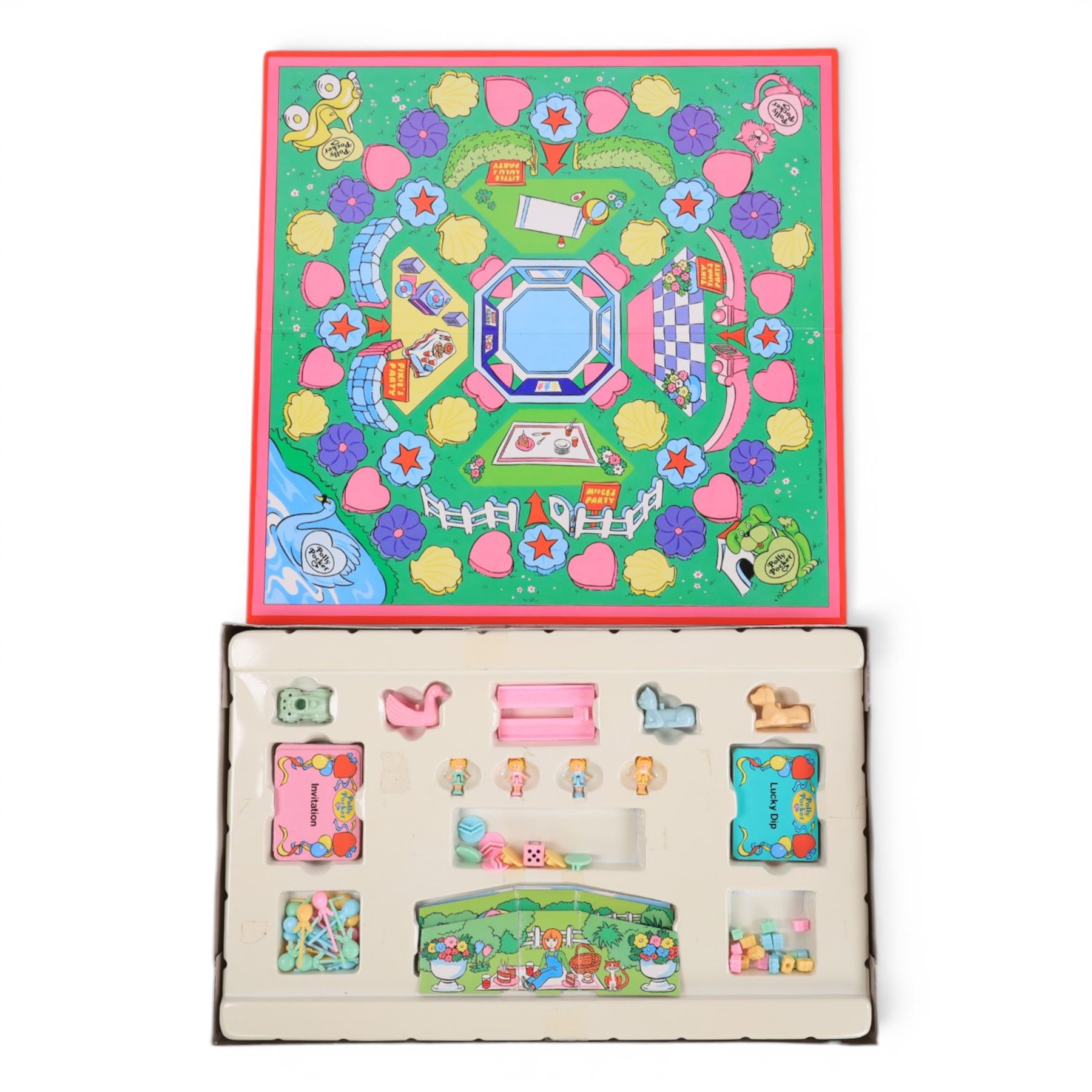 Bluebird Polly Pocket 1991 Dream World playset, with six original dolls and  pig, dog, pony, pink car and yellow canoe accessories, in original box, together with 1996 Bluebird Polly Pocket Magical Movin' Pollyvillle Playset, with five original dolls including magnetic Polly and eight dresses and a boxed 1991 Let's Party Board Game