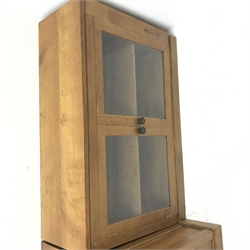 'Lizardman' oak kneehole desk fitted with six drawers and two glazed bookcases, by Derek Slater of Crayke, W347cm, H72cm, D61cm