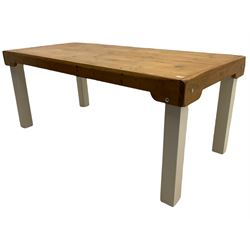 Rectangular pine ‘butchers block’ dining table, square painted legs