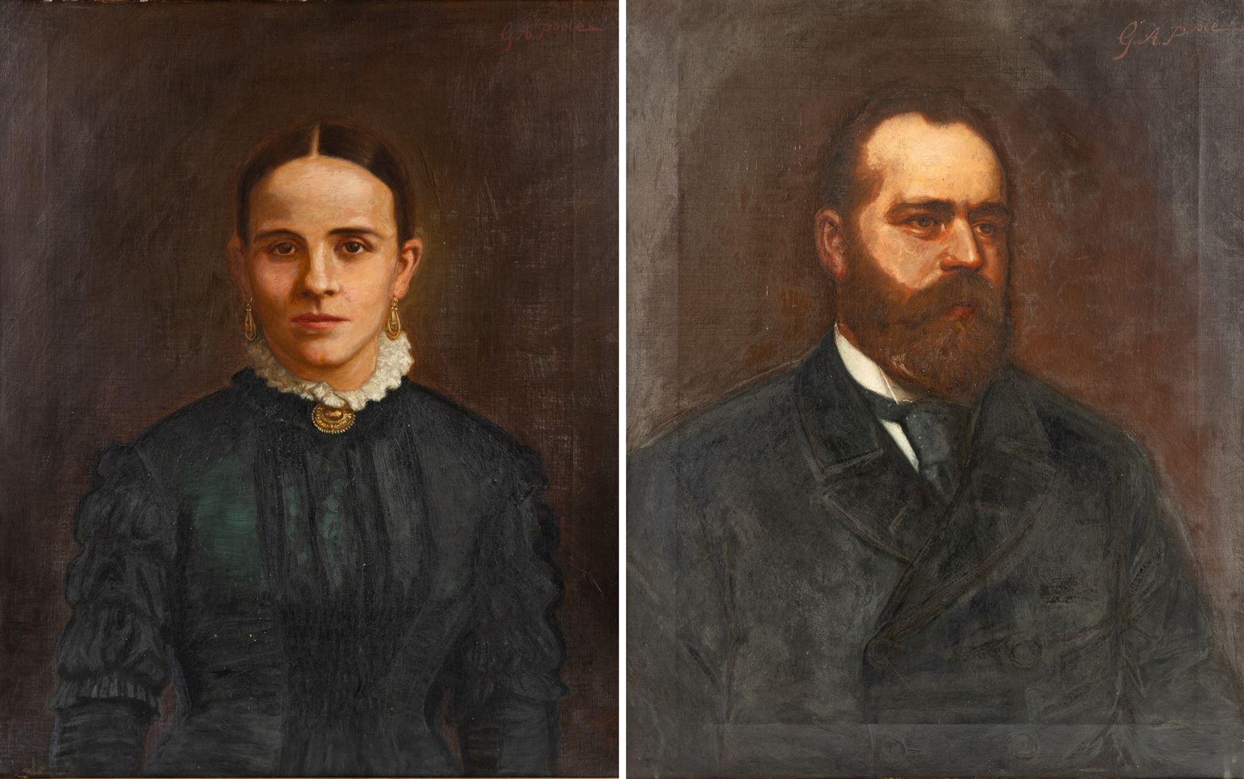George Augustus Poole (British 1861-1932): Portrait of Joseph Cooper and Maria Cooper, pair oils on canvas signed 68cm x 55cm (2)
Notes: Joseph Cooper invented the 'Go-Through' lace making machine and other lace making equipment which revolutionised lace making in Nottinghamshire.