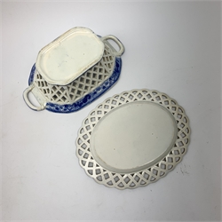 Mid 19th century blue and white transfer printed pearlware reticulated chestnut basket, of oval form with twin handles, decorated to the interior with figures before a classical temple within a garden setting, including handles W26cm, together with a mid 19th century blue and white transfer printed pearlware stand with reticulated edge, decorated with a Willow Pattern, L25cm, and a John and William Ridgeway blue and white transfer printed twin handled pierced basket, decorated with a pastoral scene containing figures at work, with printed mark beneath, including handles L25cm