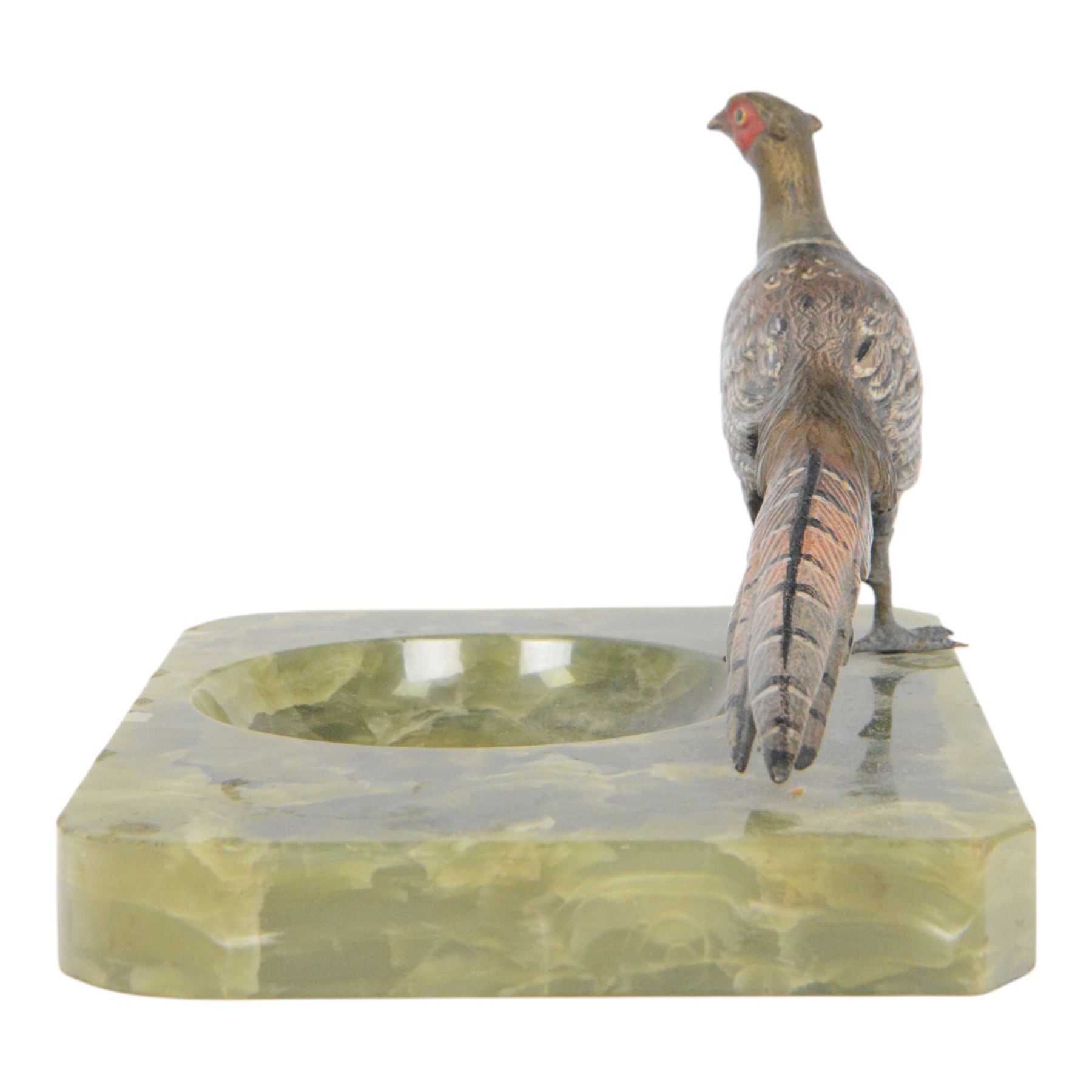 After Franz Bergman, 20th century cold painted bronze, of a pheasant, mounted on an onyx ashtray, H13cm, L22cm