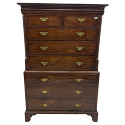 George III mahogany chest on chest, projecting cornice over cushion frieze, two short and three long graduated cock beaded drawers enclosed by quarter round fluted pilasters, three drawers under, raised on bracket supports W111cm, H169cm, D58cm
