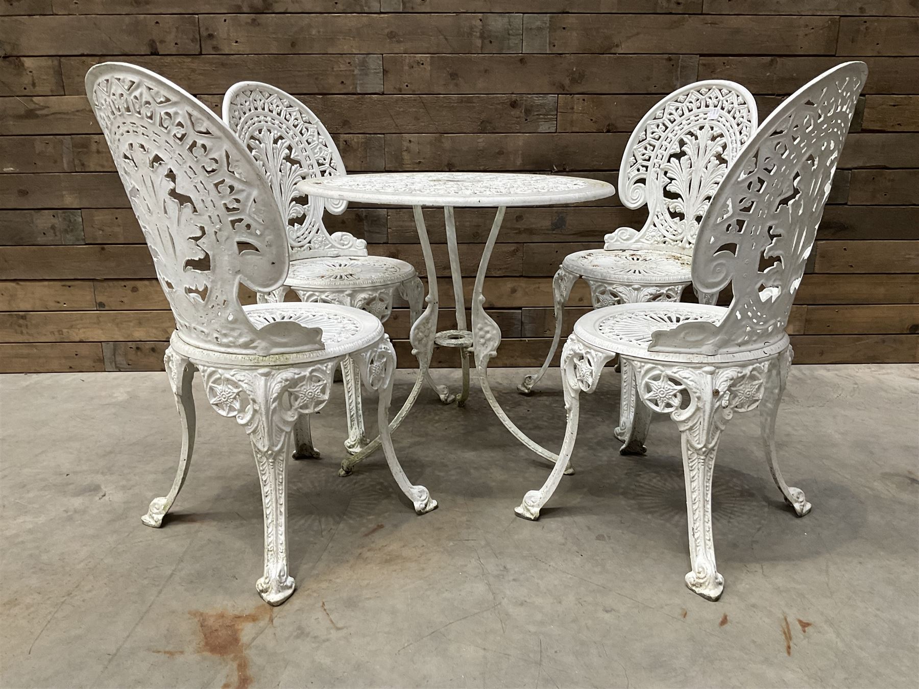 Victorian design white painted aluminium garden table, and four chairs